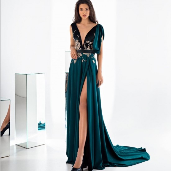 Dark Green Evening Dresses Deep V Neck Beads High Side Split Women Receiption Gowns Custom Made Sexy Prom Dress