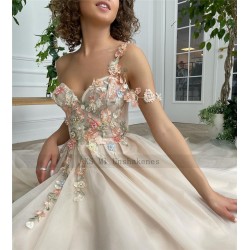 Champagne Fairy Boho Wedding Dress Colorful Lace Bride Dresses Vestidos de Noiva one Shoulder Princess Wedding Gowns Split