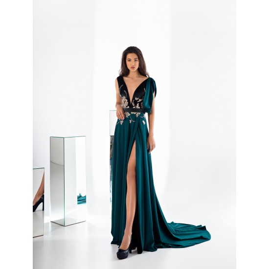 Dark Green Evening Dresses Deep V Neck Beads High Side Split Women Receiption Gowns Custom Made Sexy Prom Dress