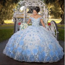 Light Sky Blue Quinceanera Dress Off Shoulder Appliques Sequins Flowers Party Princess 16 Ball Gown Vestidos De 15 Años