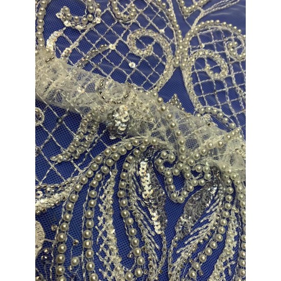 White Embroidery African Mesh Lace Fabric Handmade Lace Fabric Flower Pattern Beaded Lace Fabric Is Nigerian Net Lace ZX4649