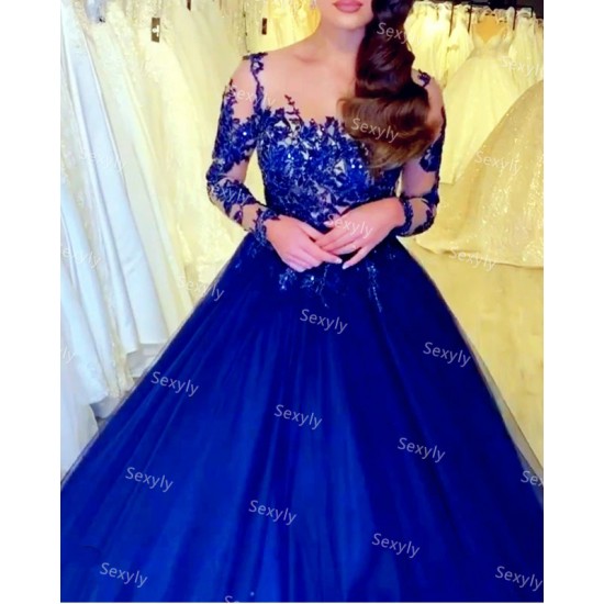 Royal Blue Long Sleeve Quinceanera Dresses With Lace Elegant Backless Princess Birthday Formal Prom Dresses robe de soirée