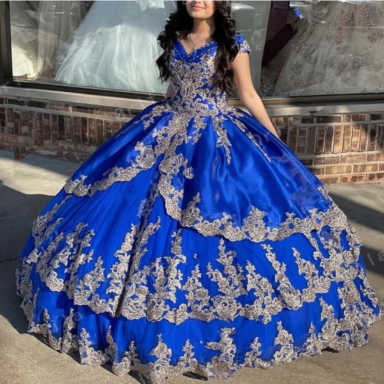 Elegant Off the Shoulder Royal Blue Quinceanera Dresses With Gold Appliqued Ball Gowns Prom Dresses Lace-up 16 Party Gowns