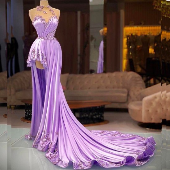 Lilac Halter Prom Dresses Sexy Beading Evening Dress High Neck Pleat Side Split Appliqued Long Party Gowns Robe de mariée