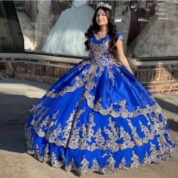 Elegant Off the Shoulder Royal Blue Quinceanera Dresses With Gold Appliqued Ball Gowns Prom Dresses Lace-up 16 Party Gowns