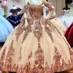 Glitter Rose Gold Sequins Quinceanera Dresses Lace Applique Girls Princess Ball Gown Pageant Gowns Formal prom Dress