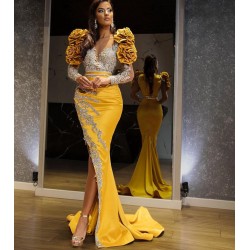 Yellow Satin Memaid Prom Dresses Sheer Neck Silver Lace Appliqued Long Sleeves Plus Size African Women Evening Party Gowns