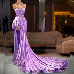 Lilac Halter Prom Dresses Sexy Beading Evening Dress High Neck Pleat Side Split Appliqued Long Party Gowns Robe de mariée