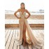 Champagne Mermaid High Split Prom Dresses Robes de soirée Spaghetti Straps Lace Beaded Evening Gowns Overskirt Sweep Train