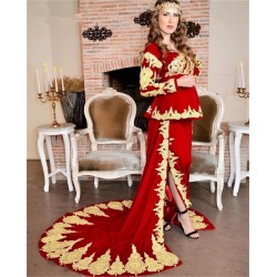 Karakou Algeria Caftan Evening Dresses Long Sleeve 2021 Red Velvet Gold Lace Peplum Occasion Evening Gown Wear