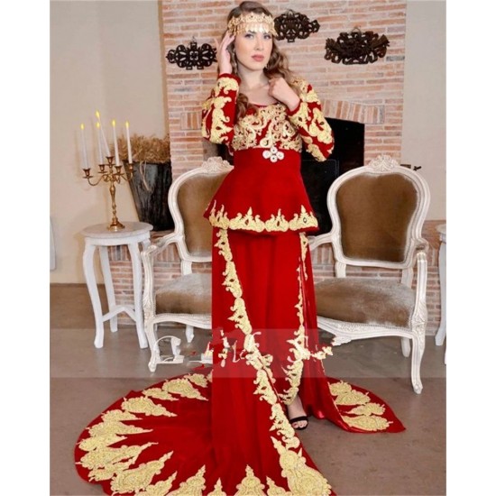 Karakou Algeria Caftan Evening Dresses Long Sleeve 2021 Red Velvet Gold Lace Peplum Occasion Evening Gown Wear