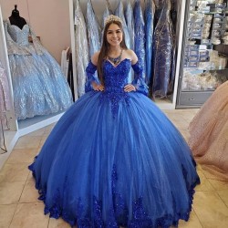 2021 Princess Arabic Royal Blue Quinceanera Dresses  Lace Applique Beaded Sweetheart Prom Dresses Lace-up 16 Party Dress