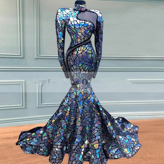 Unique Beaded Long Sleeves High Neck Arabic Women's Evening Dress Glitter Prom Party Gowns 2021 Vestidos De Noche