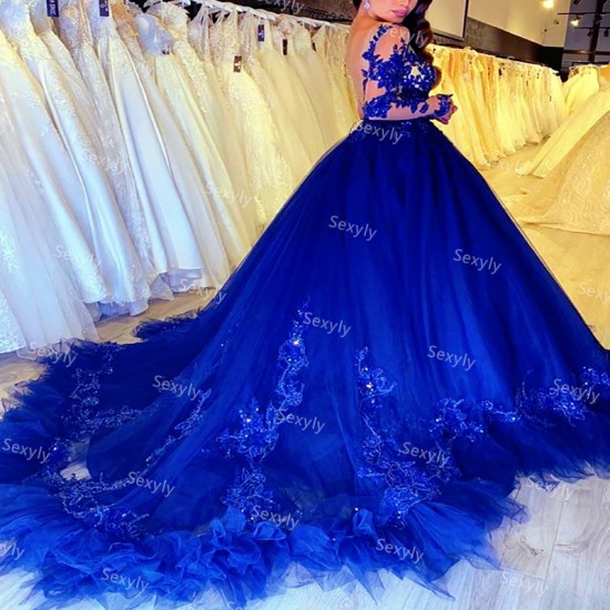 Royal Blue Long Sleeve Quinceanera Dresses With Lace Elegant Backless Princess Birthday Formal Prom Dresses robe de soirée